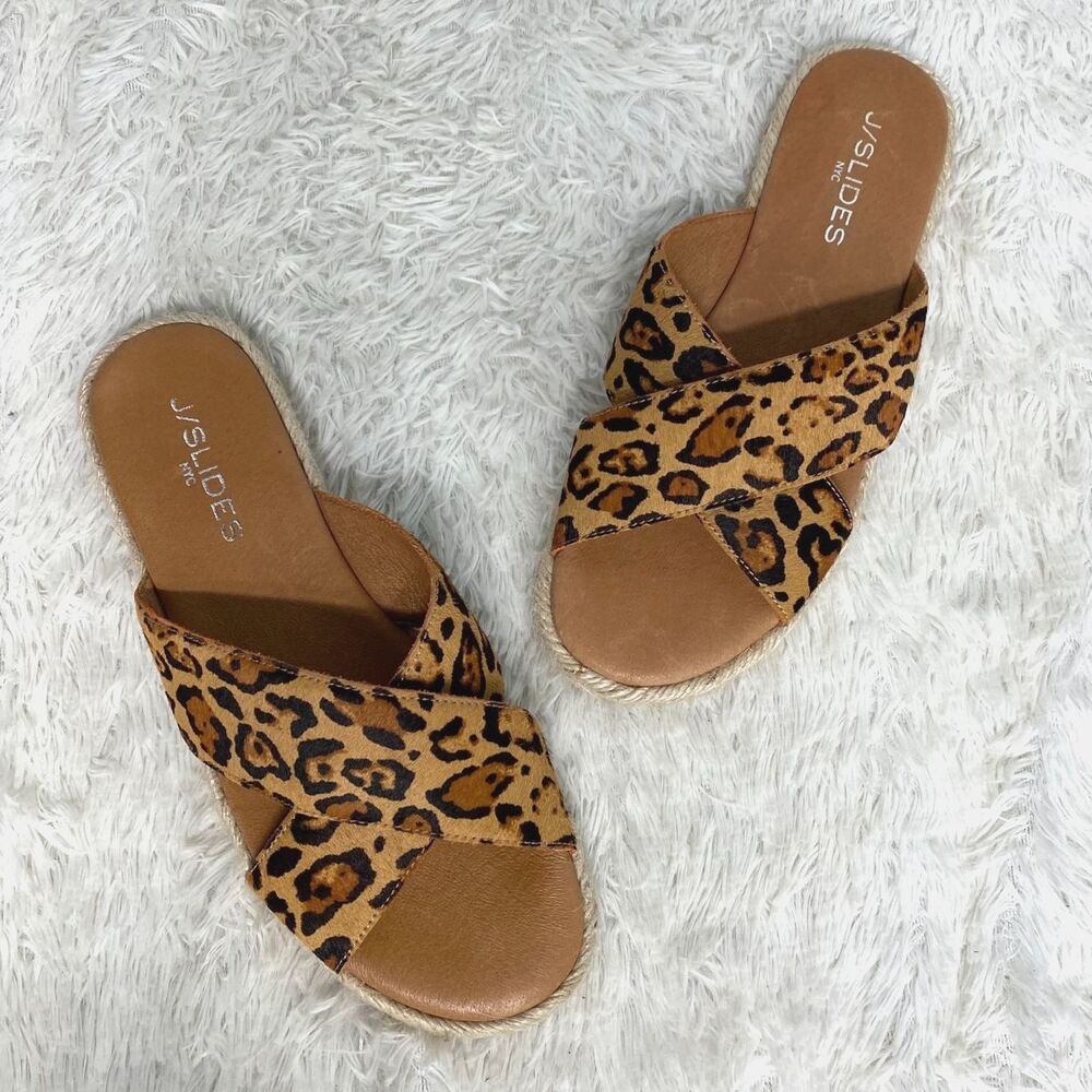 J/Slides New York Leopard Print Calf Hair Leather Cross Strap Slides Size 7